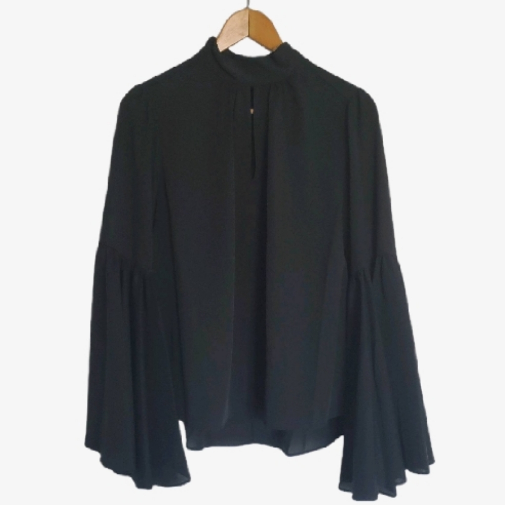 Tahari Black Bell Sleeve Blouse with High Neck Key Hole Collar